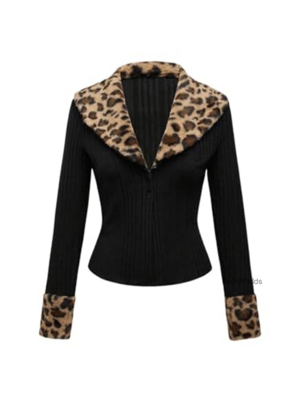 Faux Fur Trim Leopard Cardigan Button Down Long Sleeve Knit Outerwear Clubwear